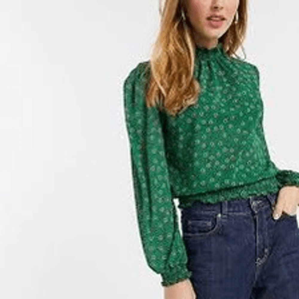 River Island Long Sleeve High Neck Shirred Top In Green Floral Size 8